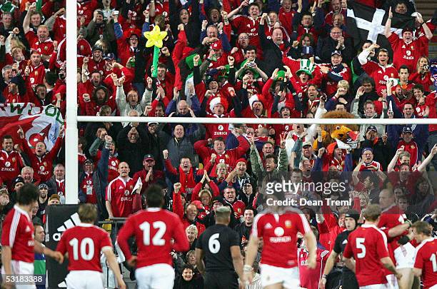 Lions fans have a moment to cheer after the Lions score the opening try the second test between the British and Irish Lions and the New Zealand All...
