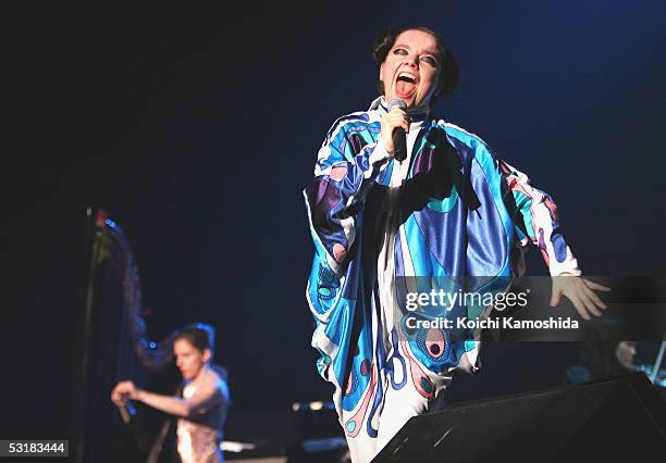 Bjork performs on stage at "Live 8 Japan" at Makuhari Messe on July 2, 2005 in Chiba, east of Tokyo, Japan. The free concert is one of ten...