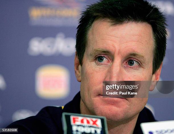 Eagles coach John Worsfold talks with media at the post game press conference after the round 14 AFL match between the West Coast Eagles and the...