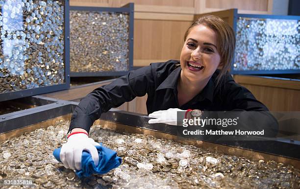Phoebe Lewis of the Royal Mint cleans cases containing over one million pounds worth of coins at the Royal Mint Experience on May 17, 2016 in...