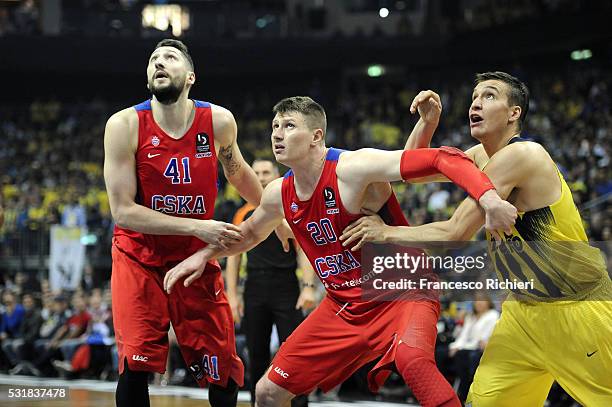 Nikita Kurbanov, #41 of CSKA Moscow, Andrey Vorontsevich, #20 of CSKA Moscow and Bogdan Bogdanovic, #13 of Fenerbahce Istanbul during the Turkish...