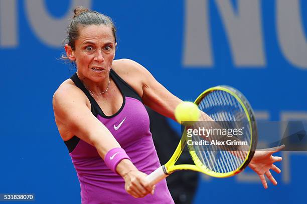 Roberta Vinci of Italy returns the ball to Barbora Krejcikova of Czech Republic during day four of the Nuernberger Versicherungscup 2016 on May 17,...