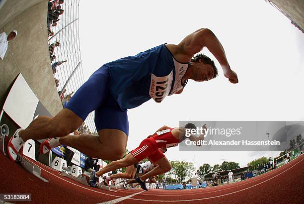 Falk Balzer competes in the men's 110m hurdles during the Track and Field German Championship on July 2, 2005 in Bochum, Germany.