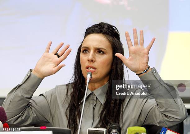 Crimean Tatar-Turk singer Jamala, representing Ukraine in Eurovision song contest, delivers a speech during a press conference in Kiev, Ukraine on...