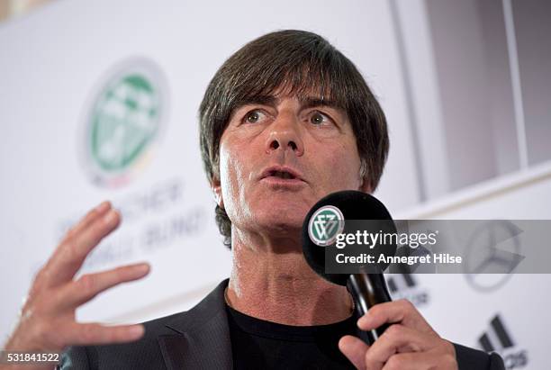 Germany coach Joachim Loew talks during a press conference to announce the German UEFA EURO 2016 squad at the French Embassy on May 17, 2016 in...