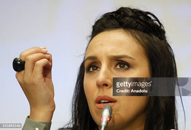 Crimean Tatar-Turk singer Jamala, representing Ukraine in Eurovision song contest, delivers a speech during a press conference in Kiev, Ukraine on...