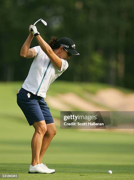 Rachel Hetherington of Australia watches her second shot on the second hole during her match with Annika Sorenstam of Sweden during the third round...