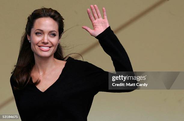 Angelina Jolie waves during Live 8, Africa Calling, hosted by musician Peter Gabriel, at The Eden Project on July 2, 2005 in St. Austell, Cornwall,...