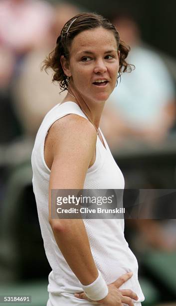 Lindsay Davenport of USA looks back at a line judge after recieving a bad call against Venus Williams of USA during the Ladies Final on twelfth day...
