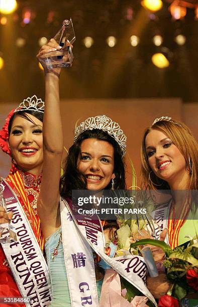 Miss Greece Nikoletta Ralli jubilates after being crowned Miss Tourism Queen International 2005 at the World Finals in Hangzhou, China 02 July 2005....