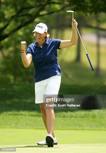 Wendy Ward celebrates after a birdie putt on the 18th green to defeat Christina Kim during the third round of the HSBC World Match Play at Hamilton...