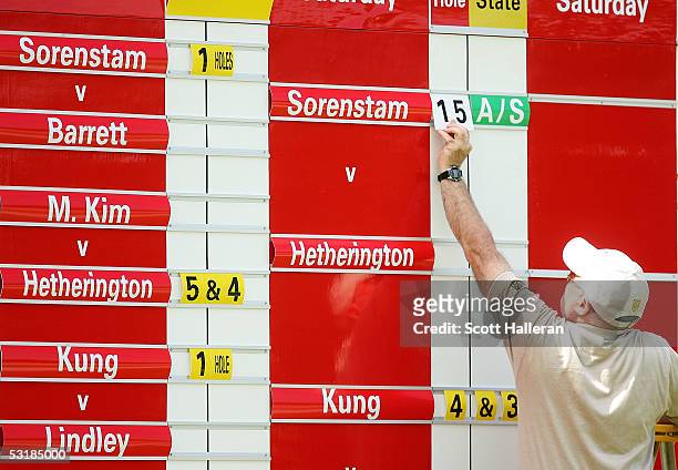 Volunteer adjusts the main scoreboard during the third round of the HSBC World Match Play at Hamilton Farm Golf Club on July 2, 2005 in Gladstone,...