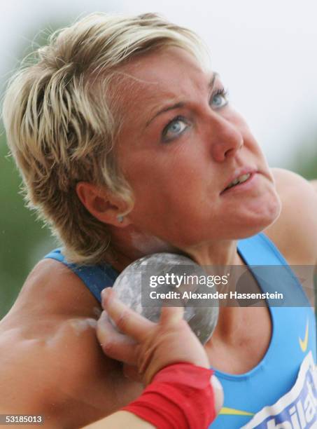 Astrid Kumbernuss competes in the women's shot put during the Track and Field German Championship on July 2, 2005 in Bochum, Germany.