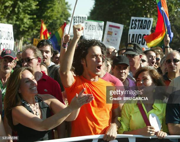 Socialist town councillors Trinidad Jimenez , Pedro Zerolo and Culture Minister Carmen Calvo take part in the Gay Pride parade in Madrid, 02 July...