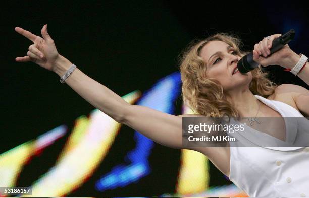 Singer Madonna performs on stage at "Live 8 London" in Hyde Park on July 2, 2005 in London, England. The free concert is one of ten simultaneous...