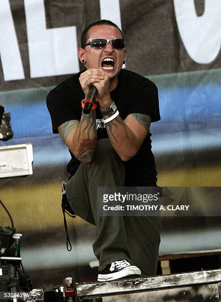 Philadelphia, UNITED STATES: Lead singer Chester Bennington of US band Linkin Park performs during the Live 8 concert 02 July 2005 at the...