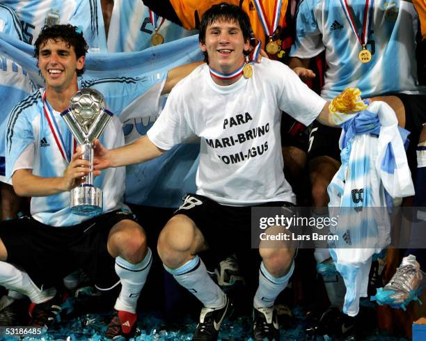 Lionel Messi from Argentina celebrates with the cup after winning the FIFA World Youth Championships 2005 Final between Argentina and Nigeria on July...