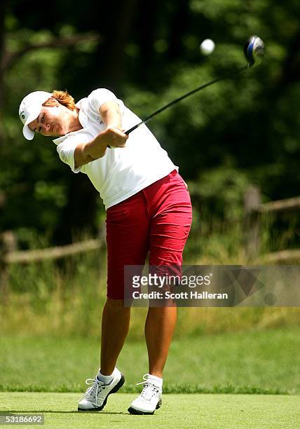 Sophie Gustafson of Sweden hits her tee shot on the fourth hole during her match with Wendy Ward during the quarter-finals of the HSBC World Match...