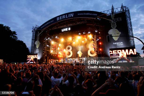General view of the stage seen while Bryan Ferry of Roxy Music performs at the Live8 concert on July 2, 2005 in Berlin, Germany. The free concert is...