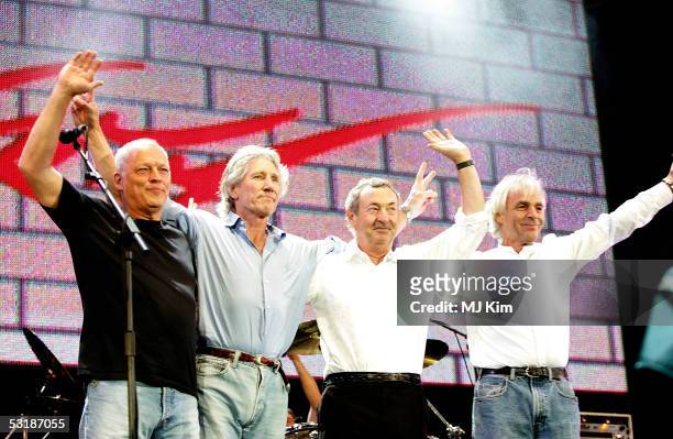David Gilmour, Roger Waters, Nick Mason and Rick Wright from the band Pink Floyd on stage at "Live 8 London" in Hyde Park on July 2, 2005 in London,...
