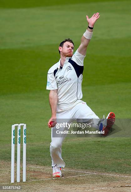 James Harris of Middlesex bowls during day three of the Specsavers County Championship Division One match between Surrey and Middlesex on May 17,...