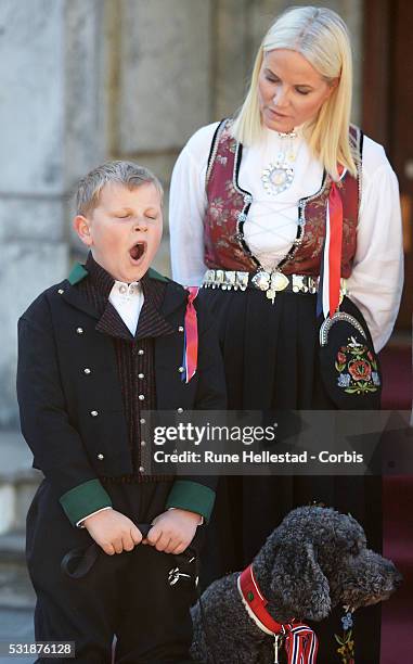 Crown Princess Mette- Marit and Prince Sverre Magnus attend the celebration of the Norwegian National Day at the Norwegian Royal Residence Skaugum on...