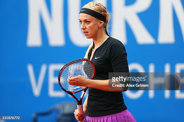 Sabine Lisicki of Germany reacts during her match against Laura Arruabarrena of Spain during day four of the Nuernberger Versicherungscup 2016 on May...