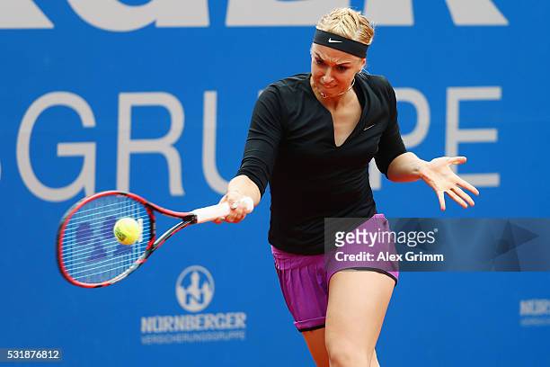Sabine Lisicki of Germany returns the ball to Laura Arruabarrena of Spain during day four of the Nuernberger Versicherungscup 2016 on May 17, 2016 in...