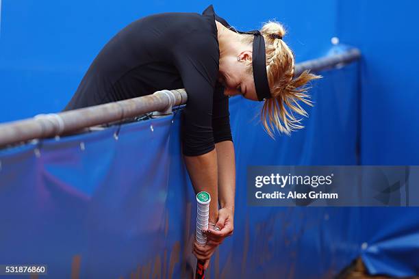 Sabine Lisicki of Germany reacts during her match against Laura Arruabarrena of Spain during day four of the Nuernberger Versicherungscup 2016 on May...