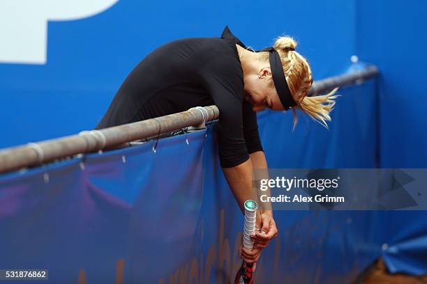 Sabine Lisicki of Germany reacts during her match against Laura Arruabarrena of Spain during day four of the Nuernberger Versicherungscup 2016 on May...