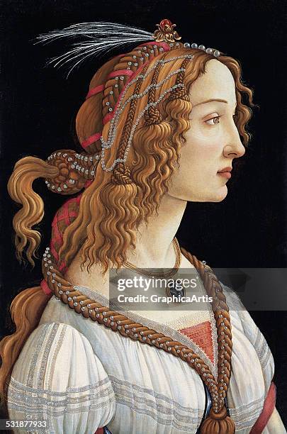 Portrait of Simonetta Vespucci as a Nymph by Sandro Botticelli ; tempera on wood, c. 1475, from the Stadel Museum, Frankfurt, Germany. Vespucci is...
