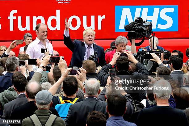 Boris Johnson MP, Labour MP Gisela Stuart and UKIP MP Douglas Carswell address the people of Stafford in Market Square during the Vote Leave, Brexit...