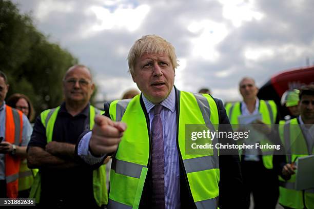 Boris Johnson MP tours the BMI Group, Kingsilver Refinery in Hixon, Staffordshire during the Vote Leave, Brexit Battle Bus tour on May 17, 20016 in...