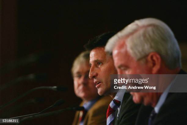 Sebastian Coe, Chairman of London 2012 bid team, flanked by Mike Lee , communications director, and Craig Reedie , Chairman of the British Olympic...
