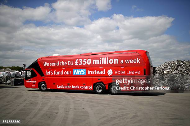 The Vote Leave campaign bus arrives at JBMI Group, Kingsilver Refinery in Hixon, Staffordshire during the Vote Leave, Brexit Battle Bus tour on May...