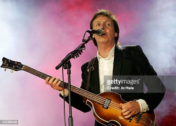 Sir Paul McCartney performs on stage at "Live 8 London" in Hyde Park on July 2, 2005 in London, England. The free concert is one of ten simultaneous...