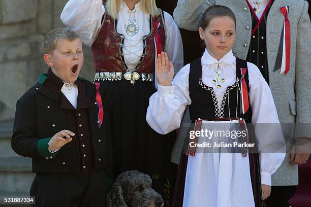 Prince Sverre Magnus of Norway, and Princess Ingrid Alexandra of Norway attend the traditional morning children's parade, at their home, Skaugum, in...