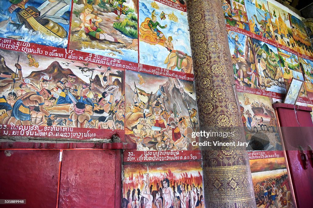 Wall illustrations Buddha's life Aham Outama Thany temple Luang Prabang Laos