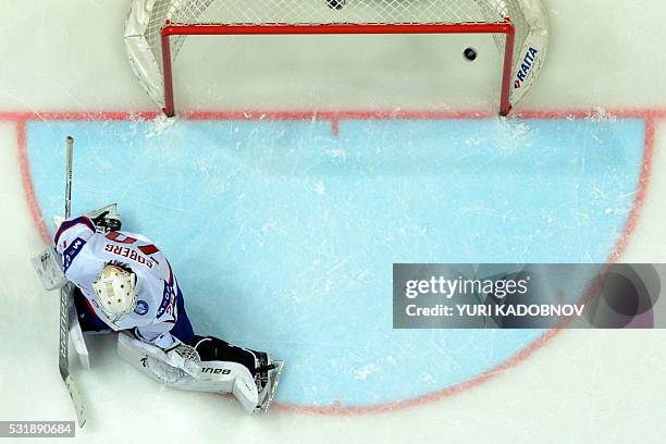 Norway's goalie Steffen Soberg lets the puck into his net during the group A preliminary round game Latvia vs Norway at the 2016 IIHF Ice Hockey...