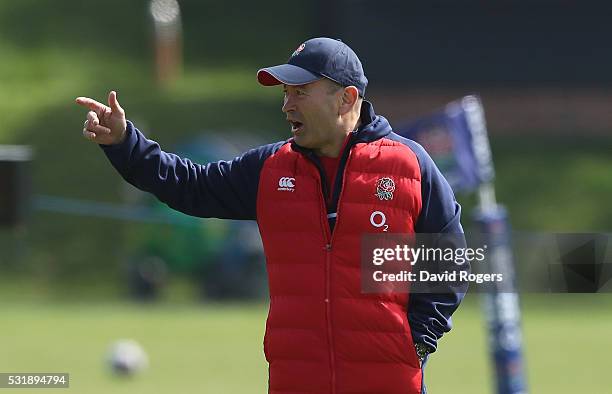 Eddie Jones, the England head coach issues instructions during the England training session held at Brighton College on May 17, 2016 in Brighton,...