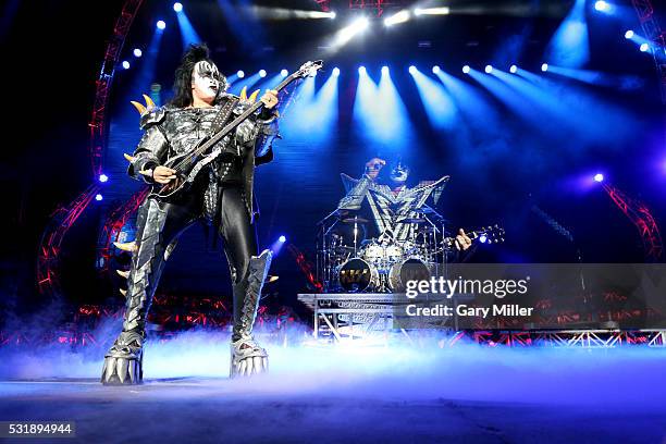 Gene Simmons and Eric Singer of KISS perform in concert at the Austin360 Amphitheater on July 12, 2014 in Austin, Texas