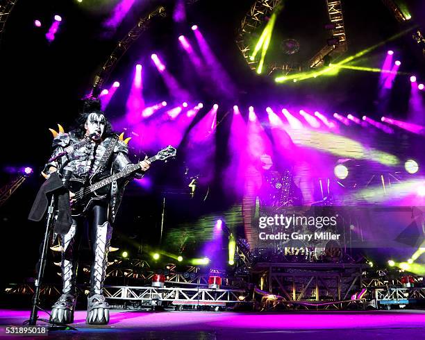 Gene Simmons and Eric Singer of KISS perform in concert at the Austin360 Amphitheater on July 12, 2014 in Austin, Texas