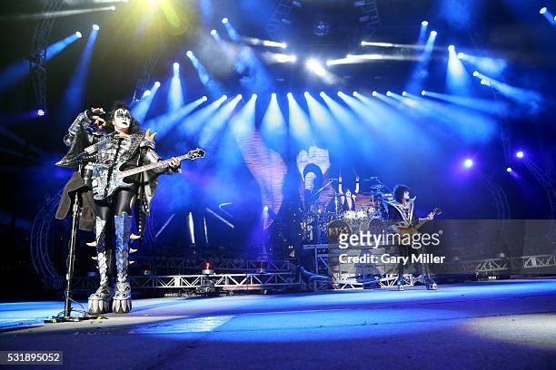 Gene Simmons, Eric Singer and Tommy Thayer of KISS perform in concert at the Austin360 Amphitheater on July 12, 2014 in Austin, Texas