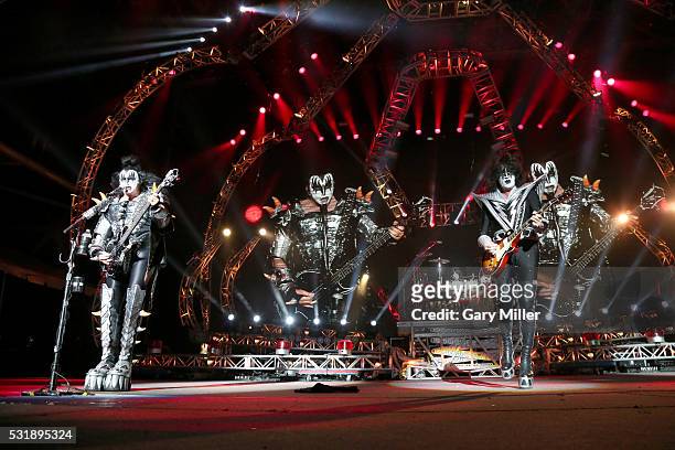 Gene Simmons, Eric Singer and Tommy Thayer of KISS perform in concert at the Austin360 Amphitheater on July 12, 2014 in Austin, Texas
