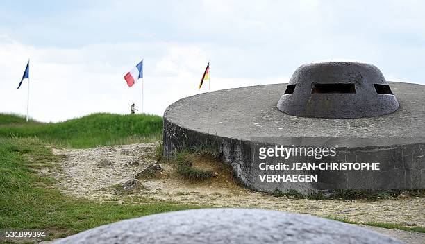 Picture taken on May 17, 2016 shows a turret of the fort of Douaumont on the battlefield of Verdun, in Douaumont, eastern France. / AFP /...