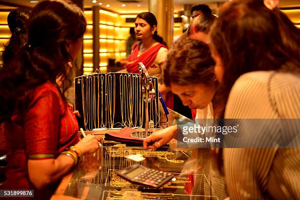 Inside view of jewellery shop on Dhanteras in Connaught Place on November 9, 2015 in New Delhi, India.