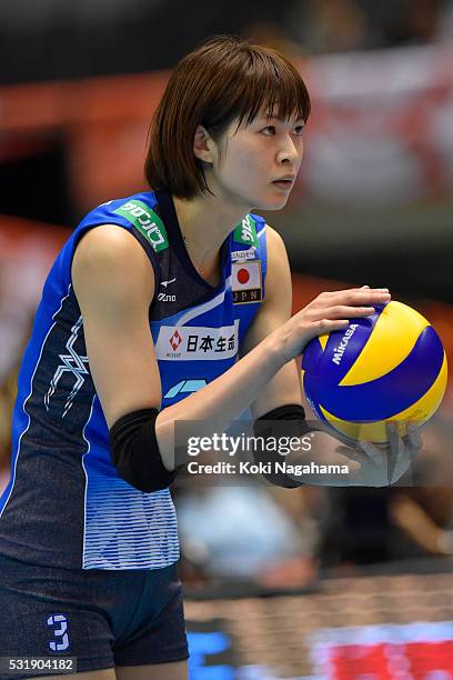 Saori Kimura of Japan serves the ball during the Women's World Olympic Qualification game between South Korea and Japan at Tokyo Metropolitan...