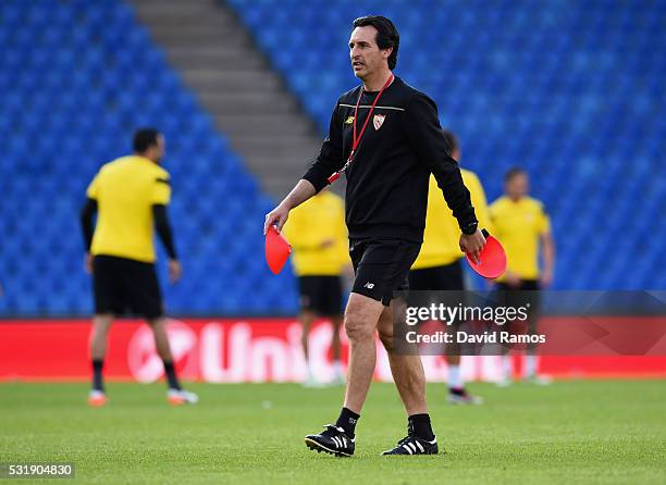 Unai Emery manager of Sevilla looks on during a Sevilla training session on the eve of the UEFA Europa League Final against Liverpool at St....