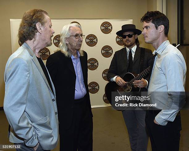 Nashville Cats Mac Gayden and Wayne Moss chat with OCMS's Ketch Secor backstage beforwe Old Crow Medicine Show Celebrates 50th Anniversary of Bob...