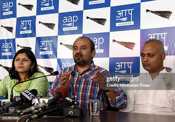 Delhi Unit of Aam Aadmi Party Official Spokesperson Dilip Pandey , Richa Pandey Mishra and AAP MLA Somnath Bharti address a press conference after...